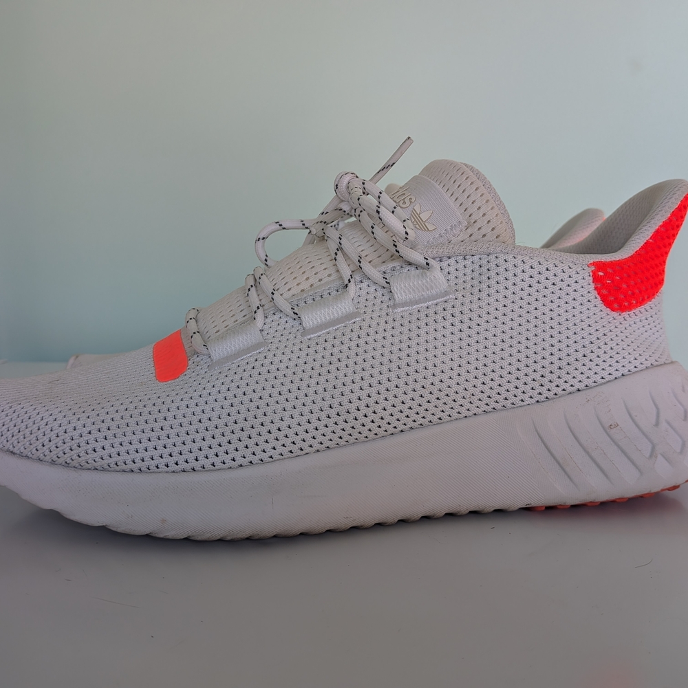 Adidas White Knit Sneaker with Neon Coral Accents